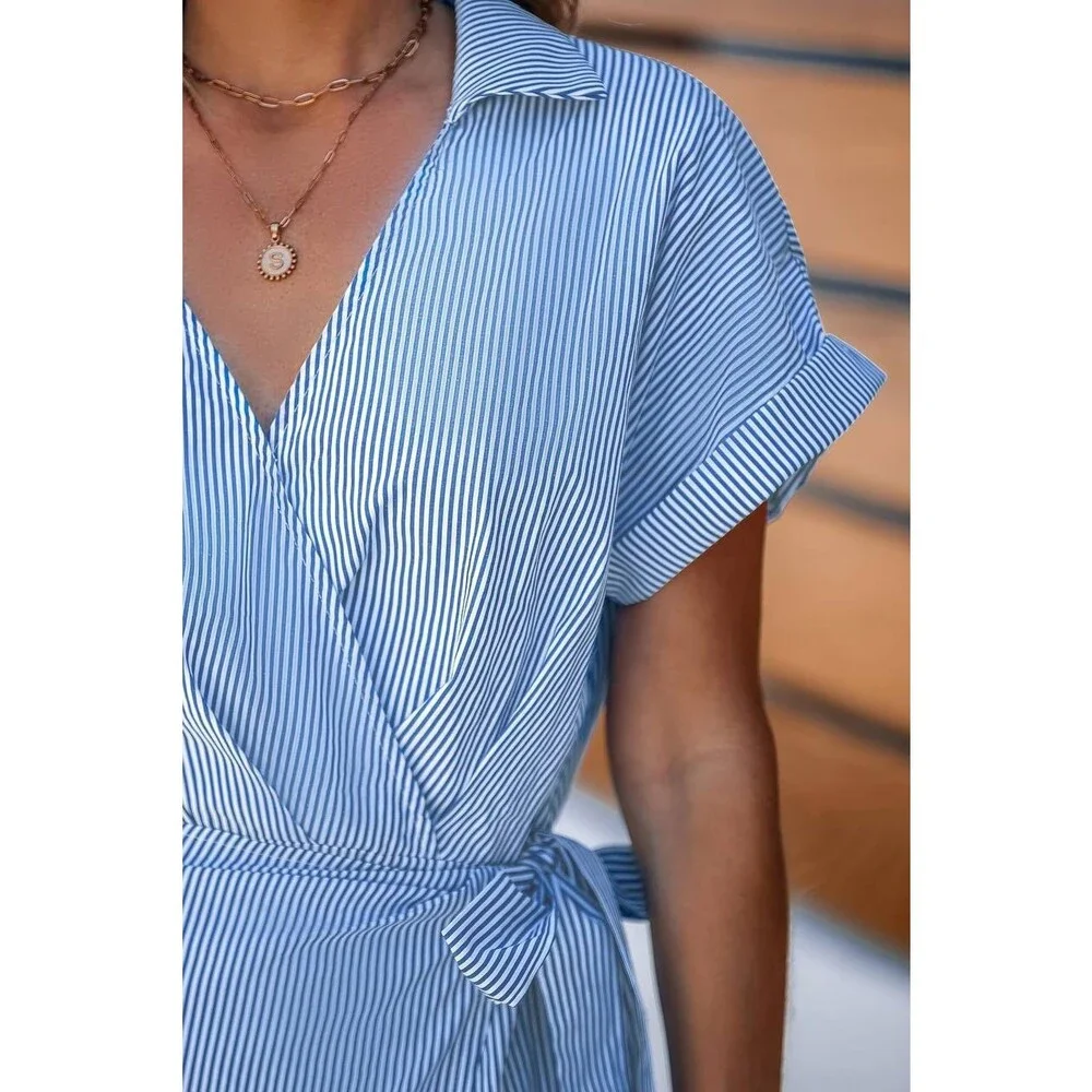 Cupshe Blue Pin‑Stripe Collared Wrap Midi Dress Size S NWT Summer msrp$50.99 - Picture 6 of 9